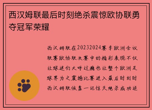 西汉姆联最后时刻绝杀震惊欧协联勇夺冠军荣耀